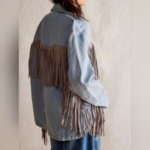 NEW We The Free People Fringe Out Tassle Denim Jean Jacket Shacket, Large